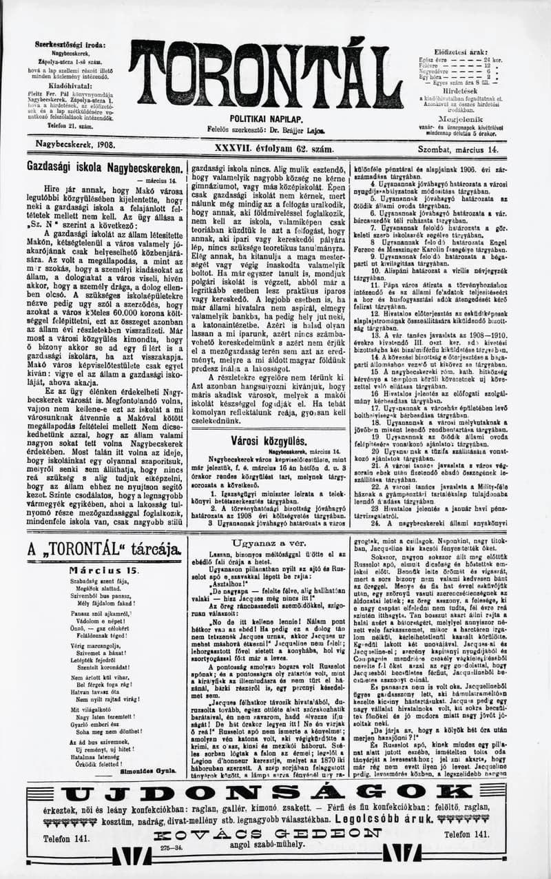 Torontál, 37. évf. 1908. március 14. 62. sz.