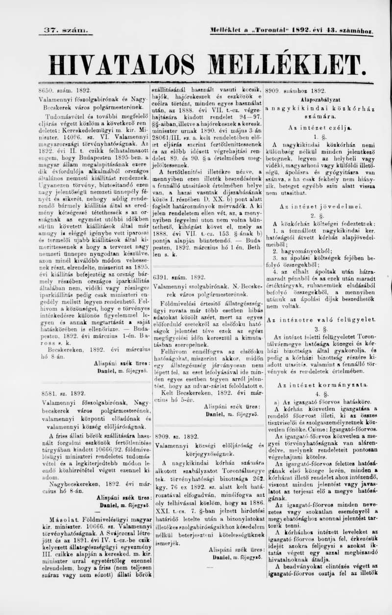 A Totontál  hivatalos melléklete, 5. évf. 1892. március 16. 37. sz.