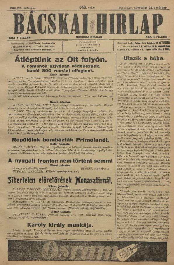 Bácskai Hirlap, 20. évf. 1916. november 26. 543. sz.