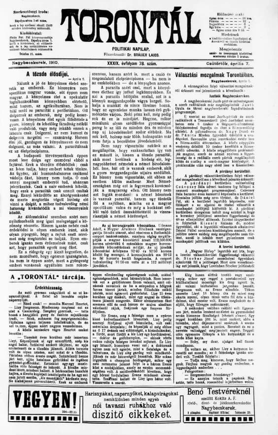 Torontál, 39. évf. 1910. április 7. 78. sz.