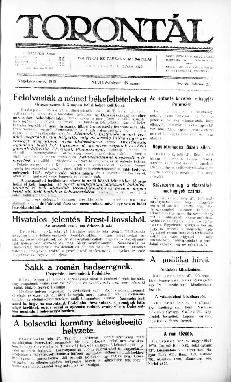 Torontál, 47. évf. 1918. február 27. 48. sz.