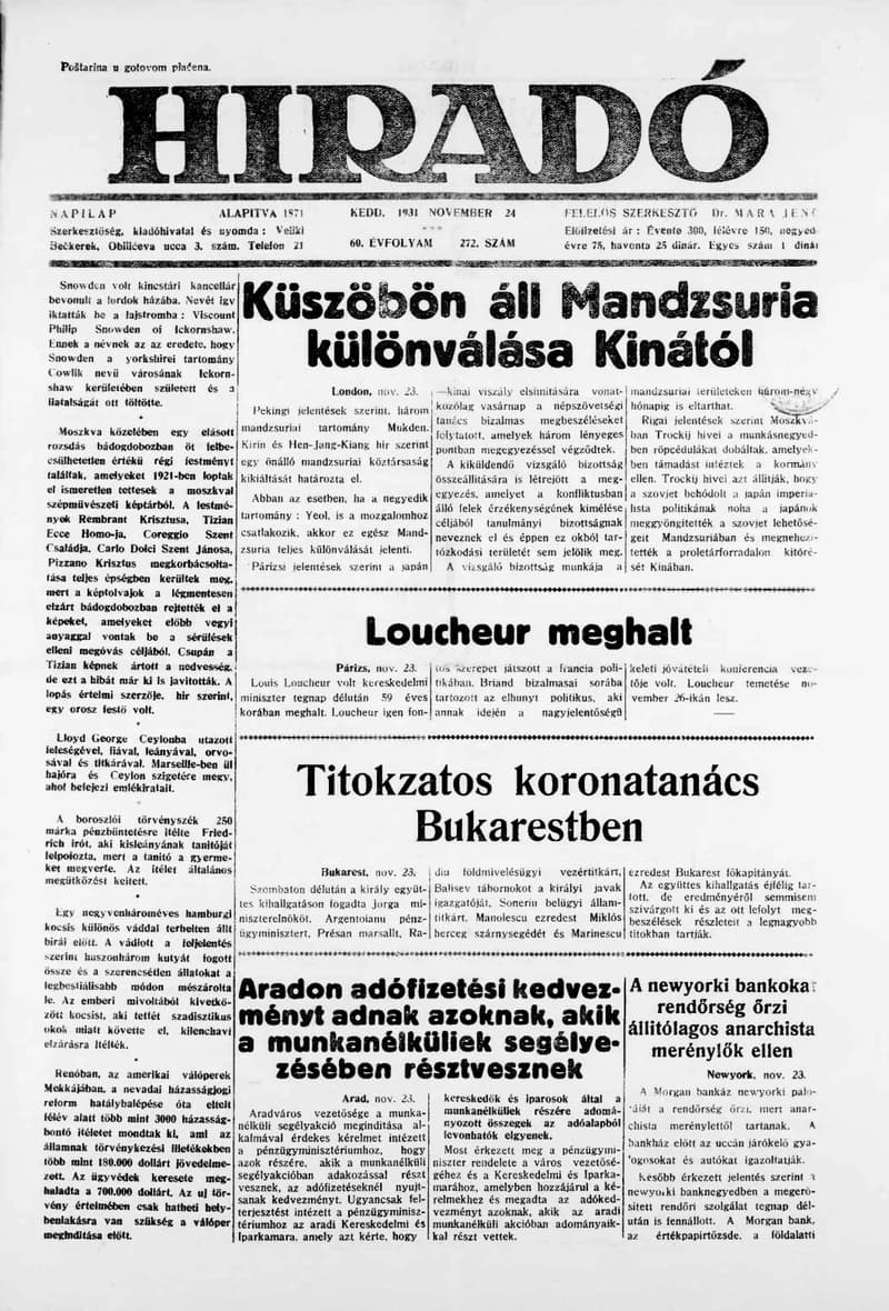 Híradó, 60. évf. 1931. november 24. 272. sz.