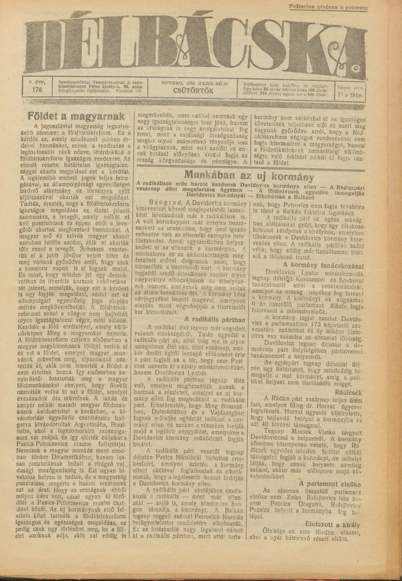 Délbácska, 5. évf. 1924. július 31. 176. sz.