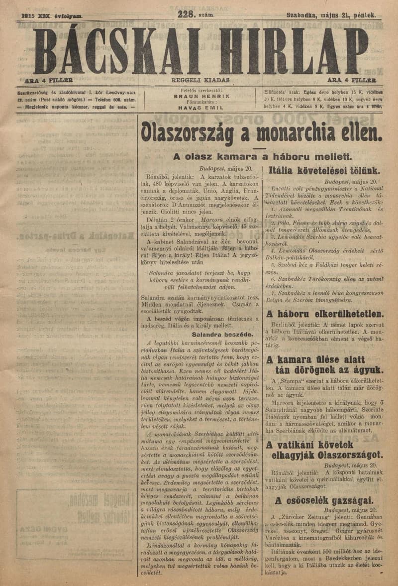 Bácskai Hirlap, 19. évf. 1915. május 21. 228. sz.