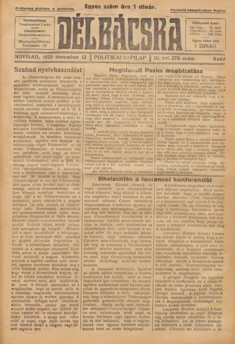 Délbácska, 3. évf. 1922. december 12. 276. sz.