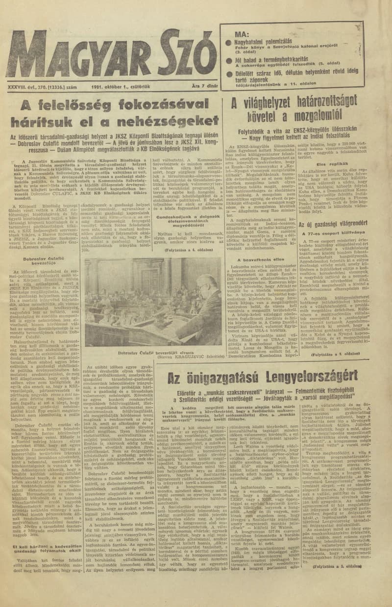 Magyar Szó, 38. évf. 1981. október 1. 270. sz.