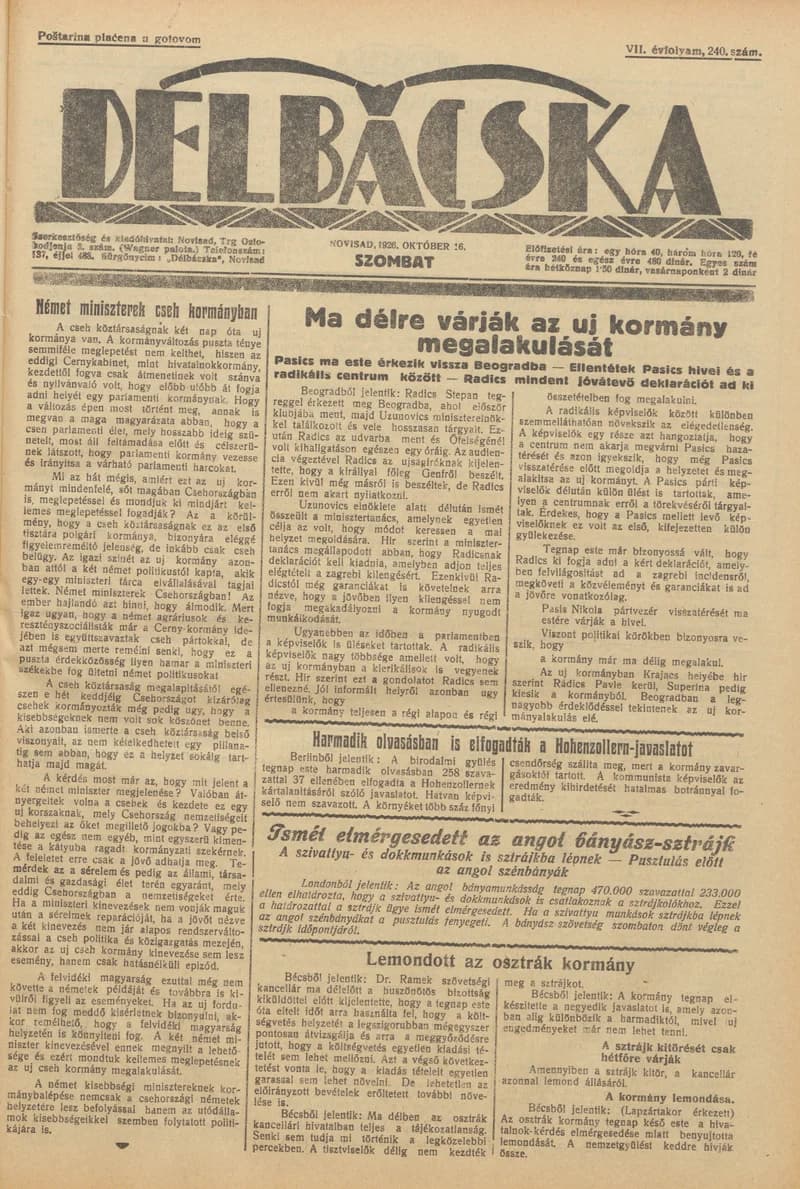 Délbácska, 7. évf. 1926. október 16. 240. sz.