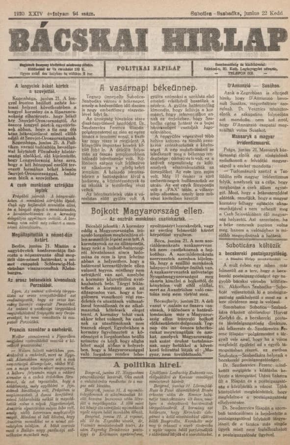 Bácskai Hirlap, 24. évf. 1920. június 22. 94. sz.