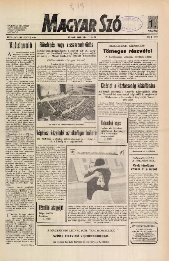 Magyar Szó, 47. évf. 1990. július 3. 180. sz. 1–20. oldal