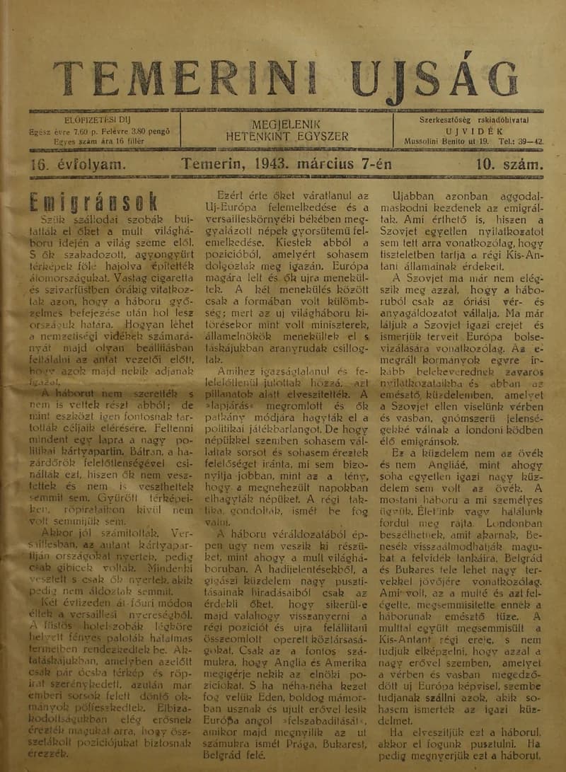 Temerini Újság 1928-1944, 16. évf. 1943. március 7. 10. sz.