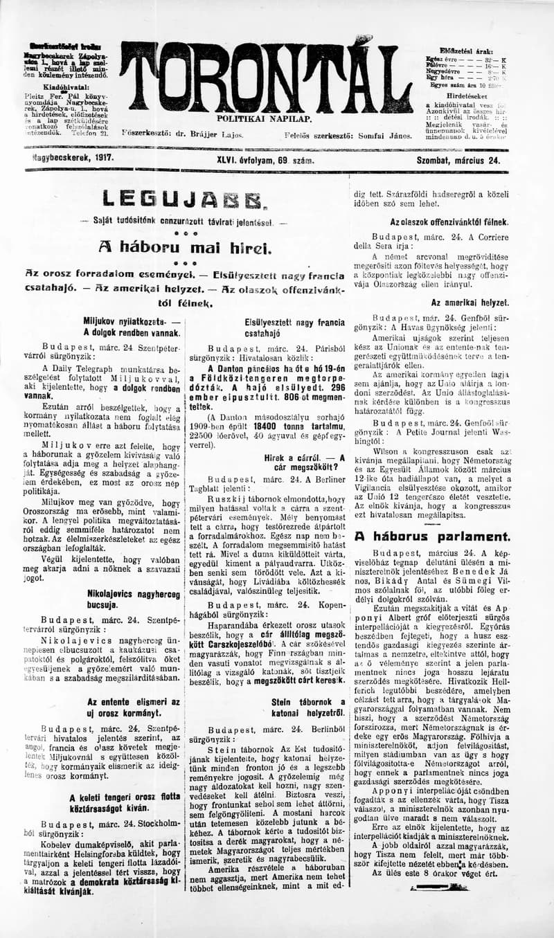 Torontál, 46. évf. 1917. március 24. 69. sz.