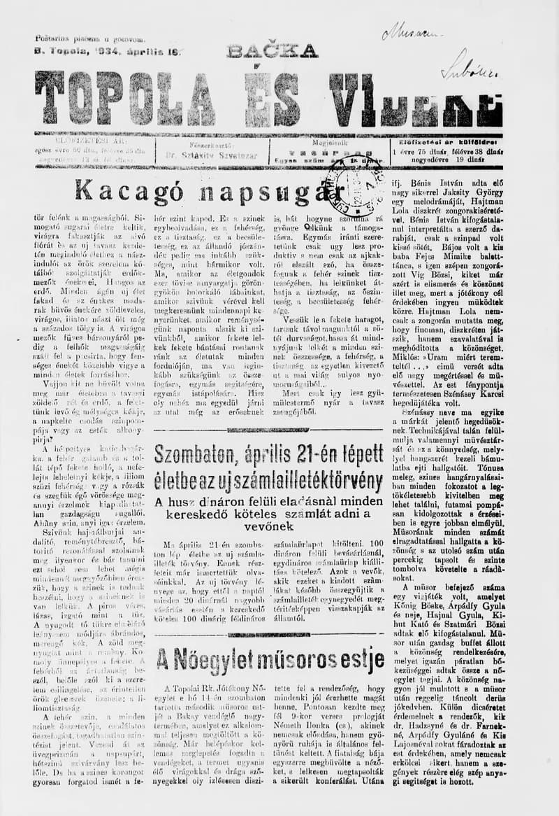 Bačka Topola és Vidéke, 11. évf. 1934. április 22. 16. sz.