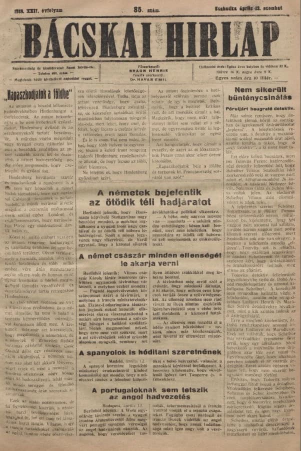 Bácskai Hirlap, 22. évf. 1918. április 13. 85. sz.