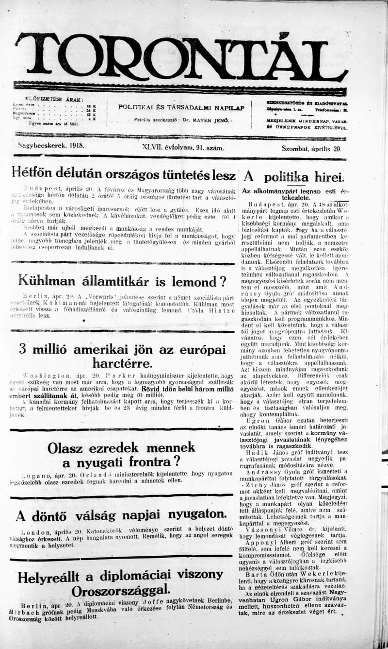 Torontál, 47. évf. 1918. április 20. 91. sz.