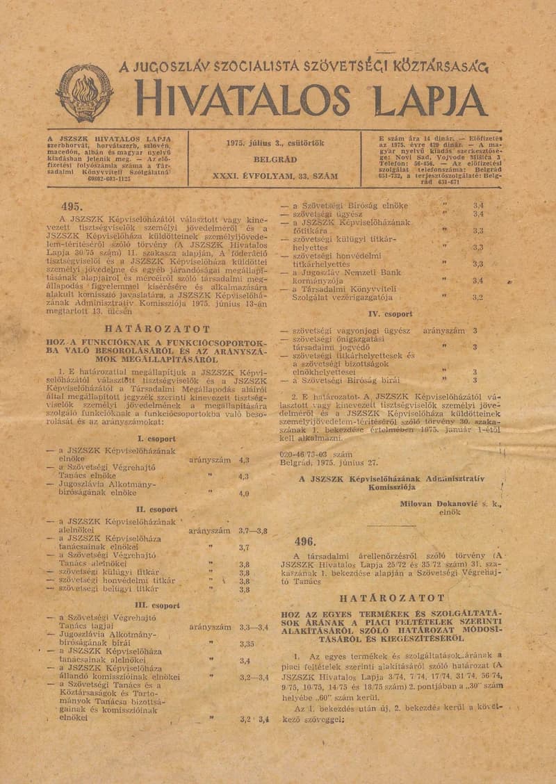 A Jugoszláv Szocialista Szövetségi Köztársaság Hivatalos Lapja, 31. évf. 1975. július 3. 33. sz. 997–1028. oldal
