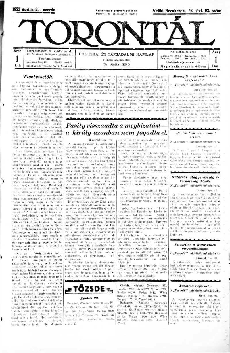 Torontál, 52. évf. 1923. április 25. 93. sz.