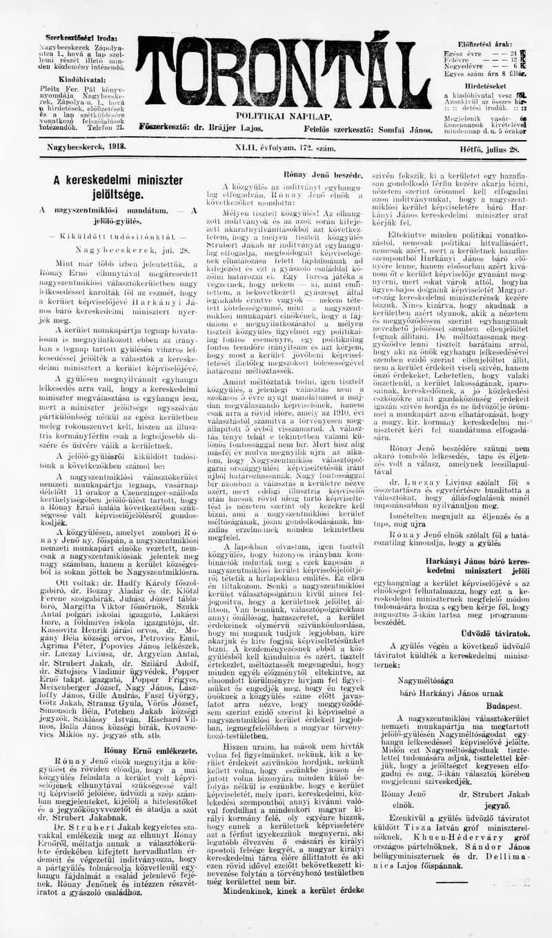 Torontál, 42. évf. 1913. július 28. 172. sz.