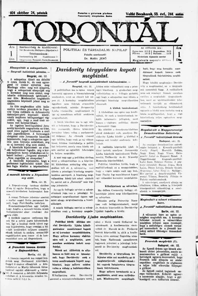Torontál, 53. évf. 1924. október 24. 244. sz.