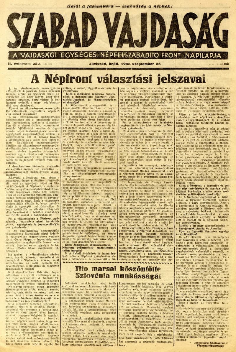 Szabad Vajdaság, 2. évf. 1945. szeptember 25. 222. sz.