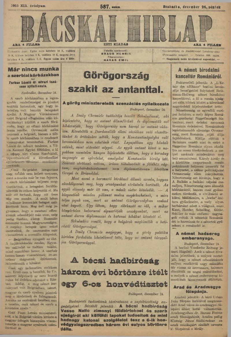 Bácskai Hirlap, 19. évf. 1915. december 24. 587. sz.