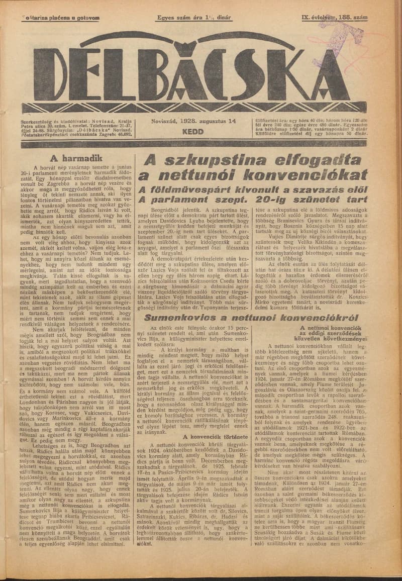 Délbácska, 9. évf. 1928. augusztus 14. 188. sz.