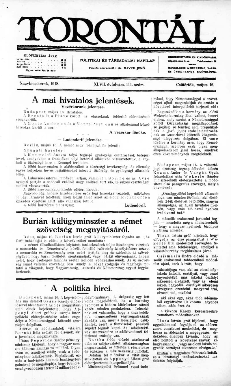 Torontál, 47. évf. 1918. május 16. 111. sz.
