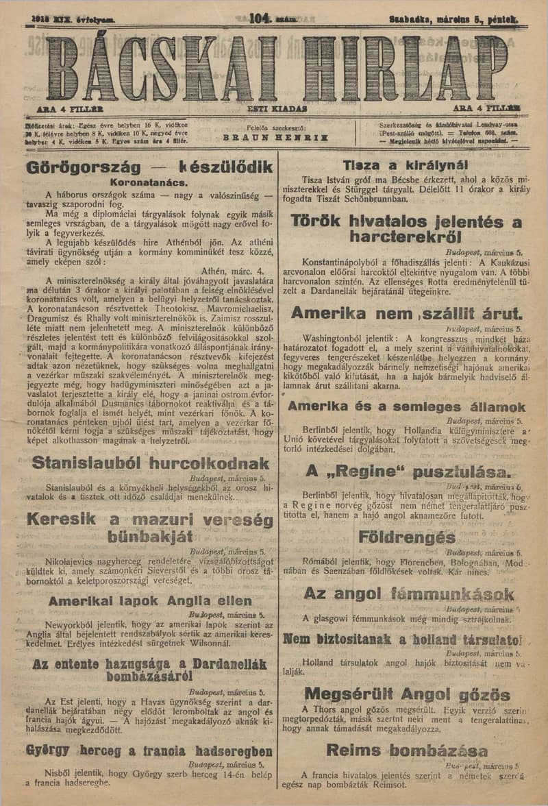 Bácskai Hirlap, 19. évf. 1915. március 5. 104. sz.