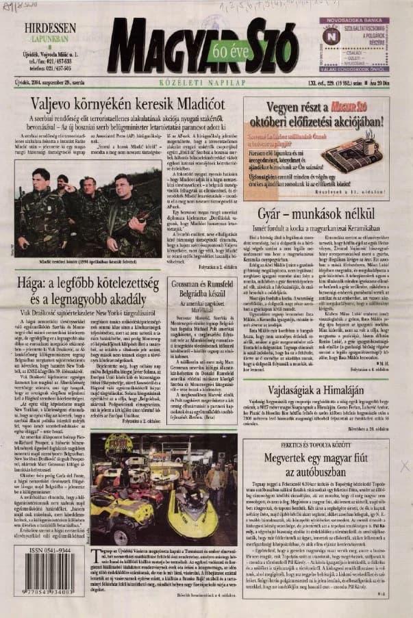 Magyar Szó, 61. évf. 2004. szeptember 29. 229. sz. 1–20. oldal
