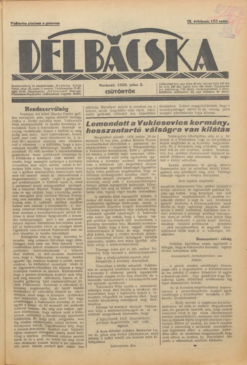 Délbácska, 9. évf. 1928. július 5. 153. sz.