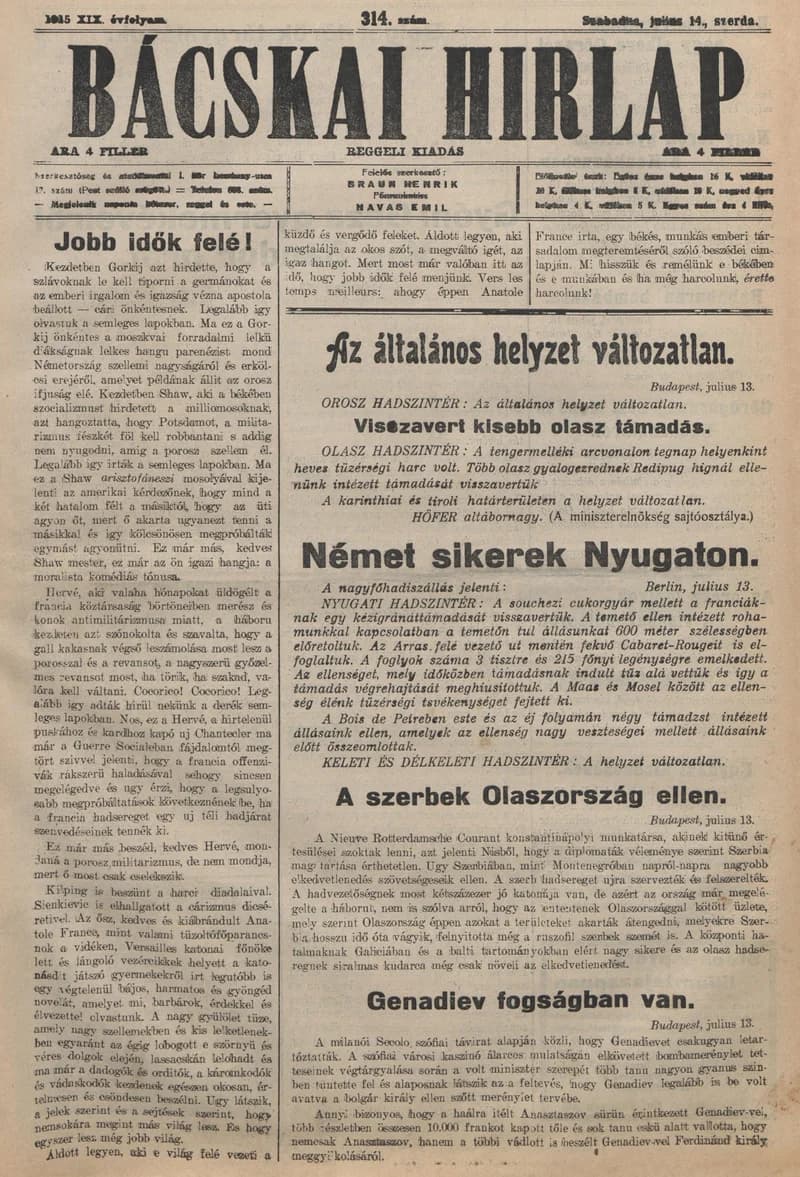 Bácskai Hirlap, 19. évf. 1915. július 14. 314. sz.