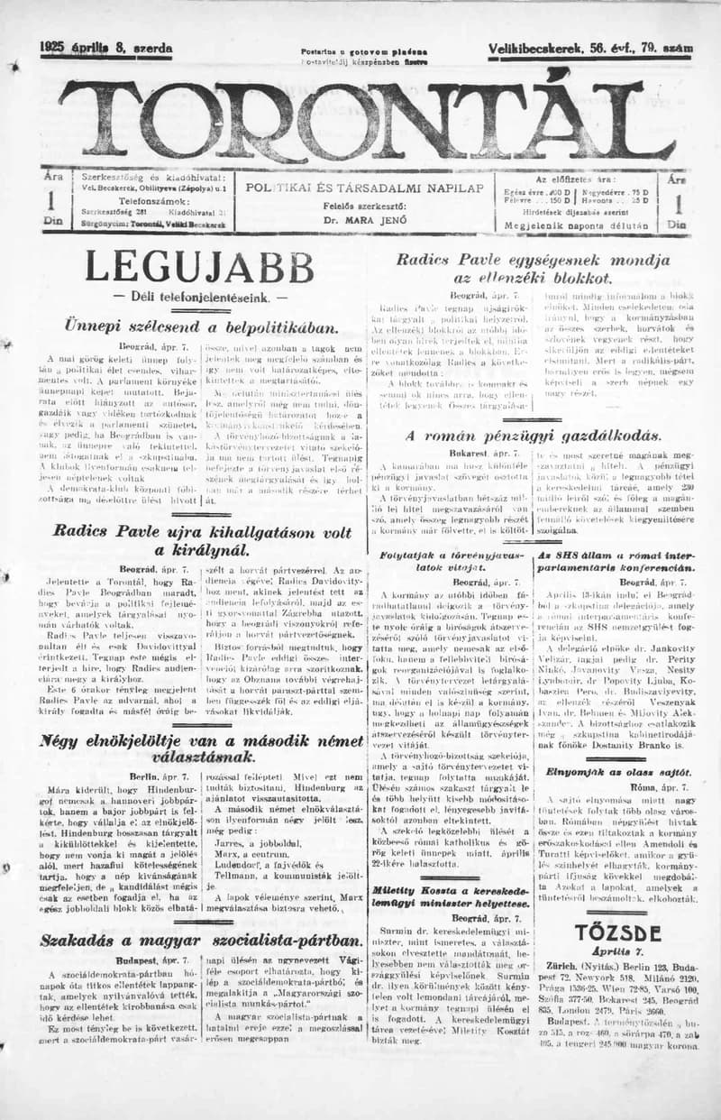 Torontál, 54. évf. 1925. április 8. 79. sz.