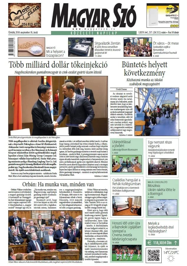 Magyar Szó, 75. évf. 2018. szeptember 18. 217. sz. 1–20. oldal