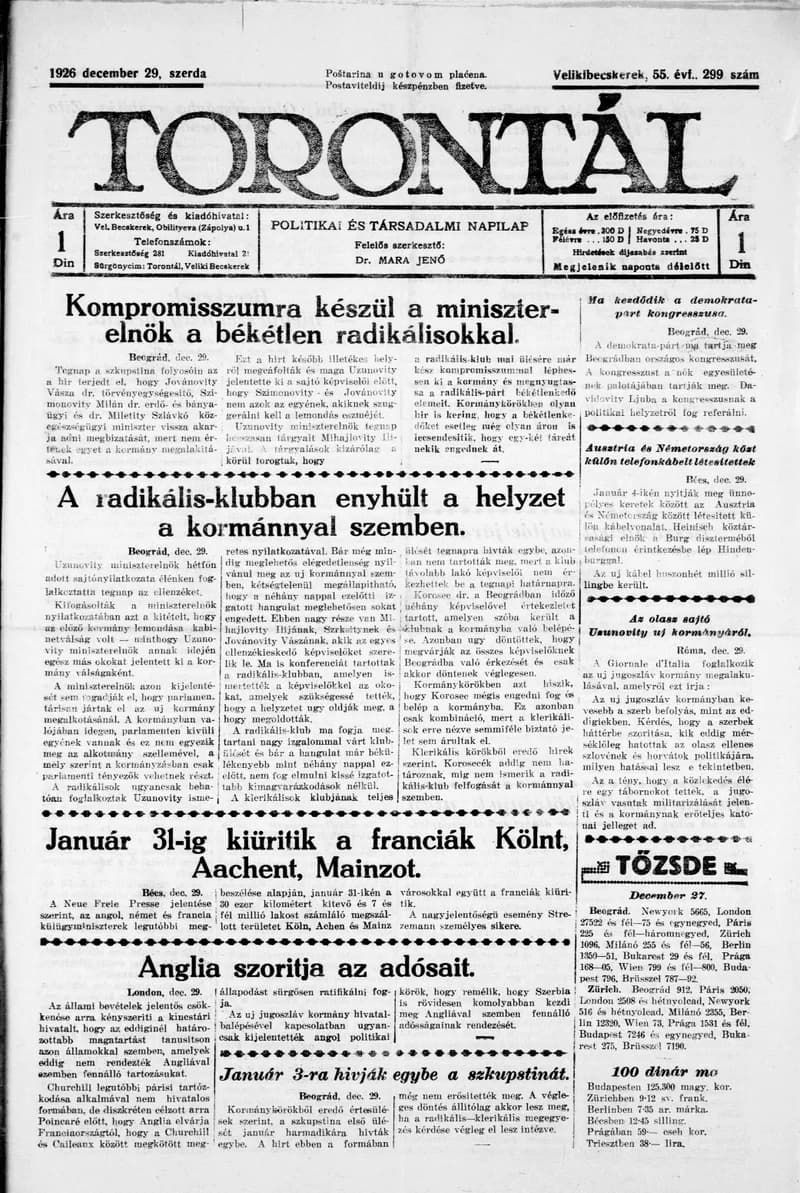 Torontál, 55. évf. 1926. december 29. 299. sz.