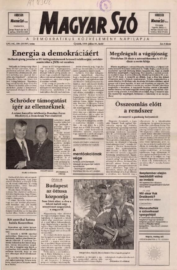 Magyar Szó, 56. évf. 1999. július 20. 159. sz. 1–16. oldal