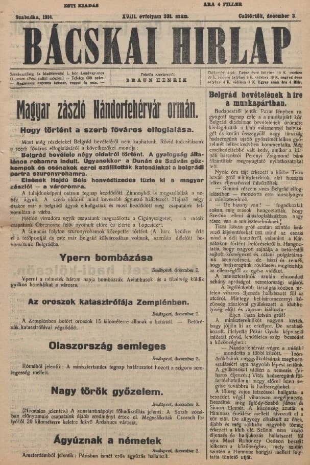Bácskai Hirlap, 18. évf. 1914. december 3. 331. sz.