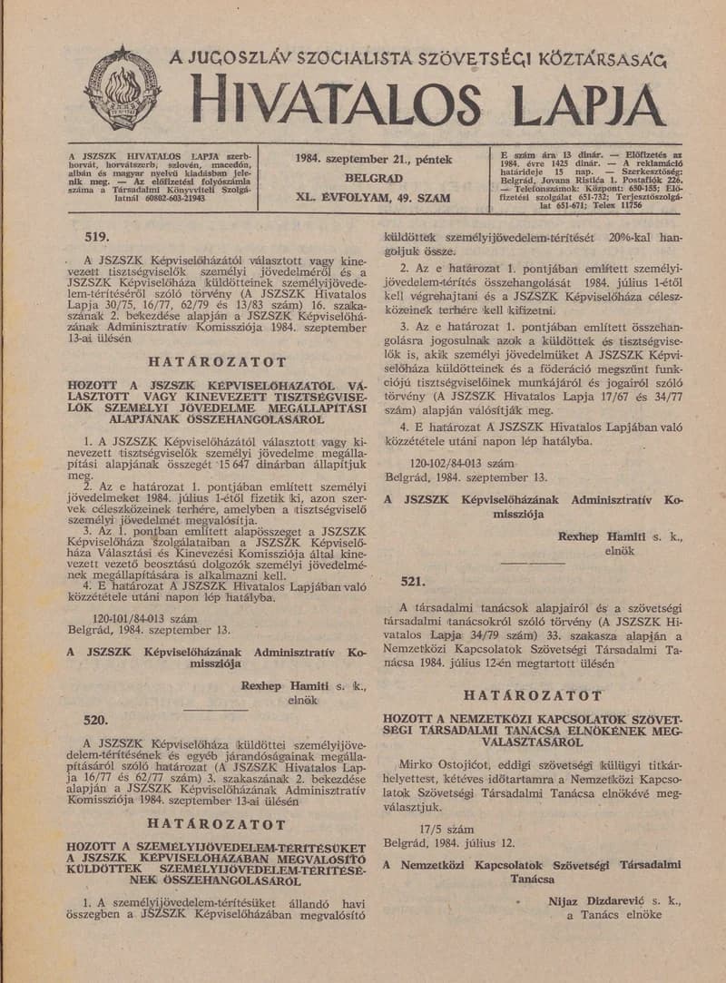A Jugoszláv Szocialista Szövetségi Köztársaság Hivatalos Lapja, 40. évf. 1984. szeptember 21. 49. sz. 1155–1170. oldal