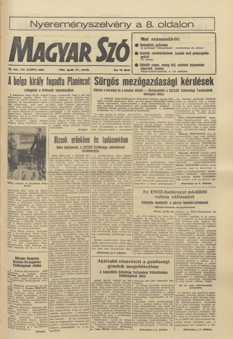 Magyar Szó, 40. évf. 1983. április 27. 115. sz. 1–24. oldal