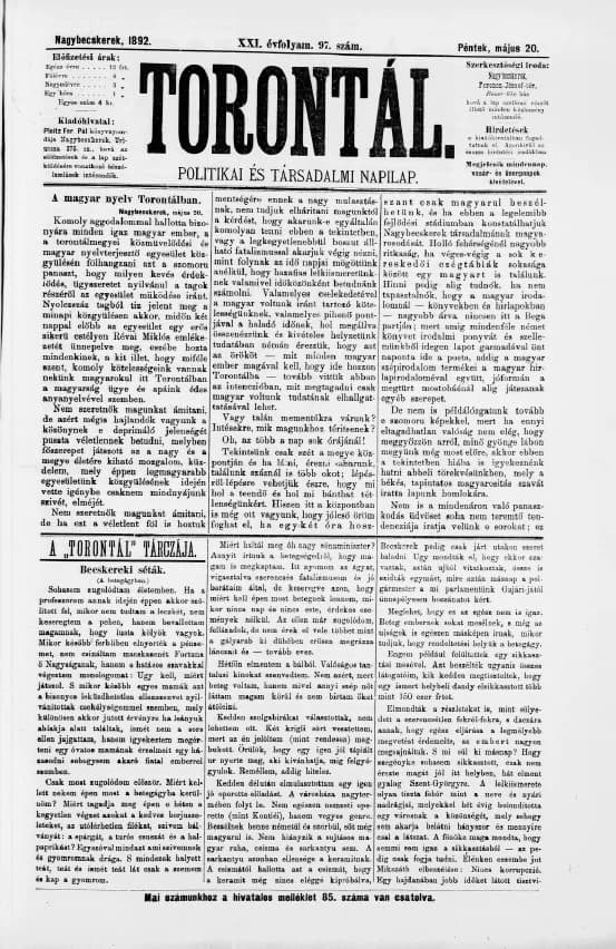 Torontál, 21. évf. 1892. május 20. 97. sz.