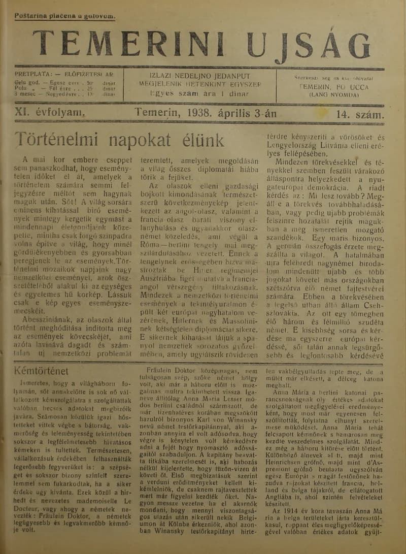 Temerini Újság 1928-1944, 11. évf. 1938. április 3. 14. sz.