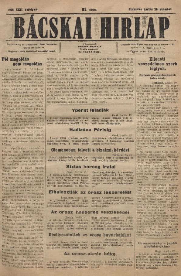 Bácskai Hirlap, 22. évf. 1918. április 20. 91. sz.