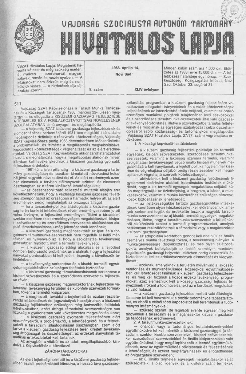 Vajdaság Szocialista Autonóm Tartomány Hivatalos Lapja, 44. évf. 1988. április 14. 9. sz.