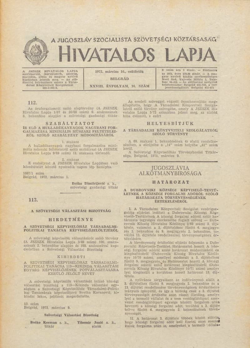 A Jugoszláv Szocialista Szövetségi Köztársaság Hivatalos Lapja, 28. évf. 1972. március 16. 16. sz. 349–352. oldal