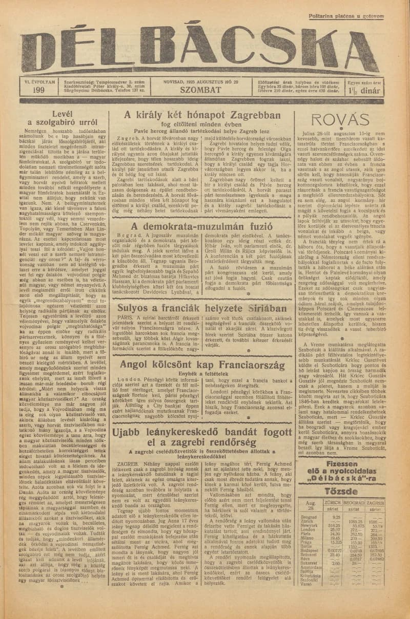 Délbácska, 6. évf. 1925. augusztus 29. 199. sz.