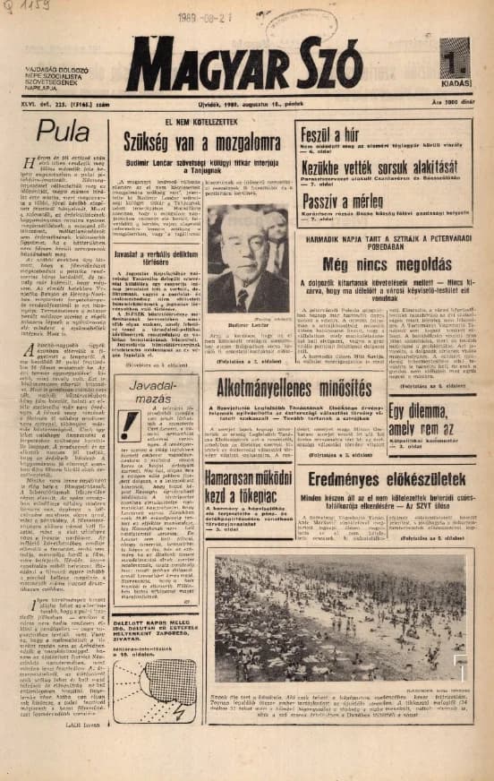 Magyar Szó, 46. évf. 1989. augusztus 18. 225. sz. 1–20. oldal