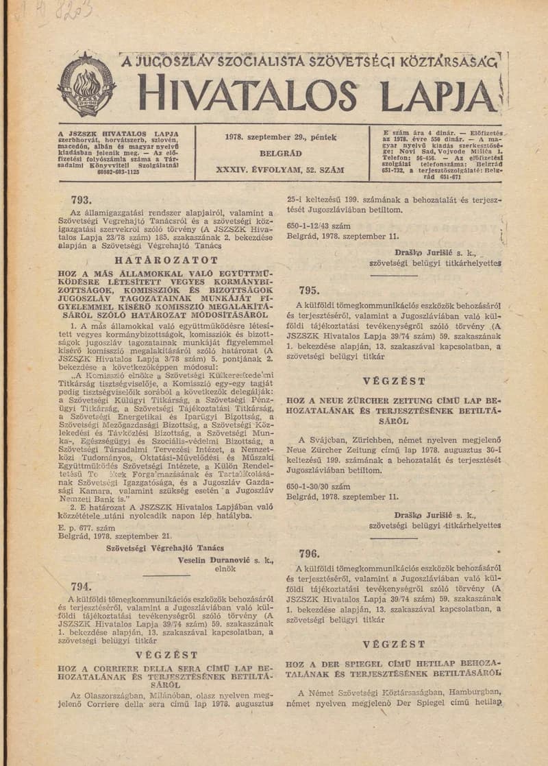 A Jugoszláv Szocialista Szövetségi Köztársaság Hivatalos Lapja, 34. évf. 1978. szeptember 29. 52. sz. 2181–2196. oldal