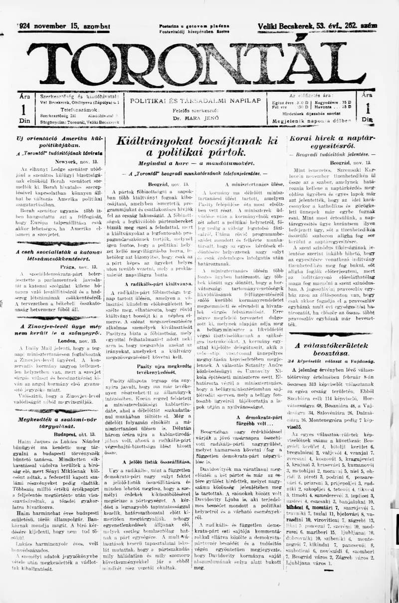 Torontál, 53. évf. 1924. november 15. 262. sz.