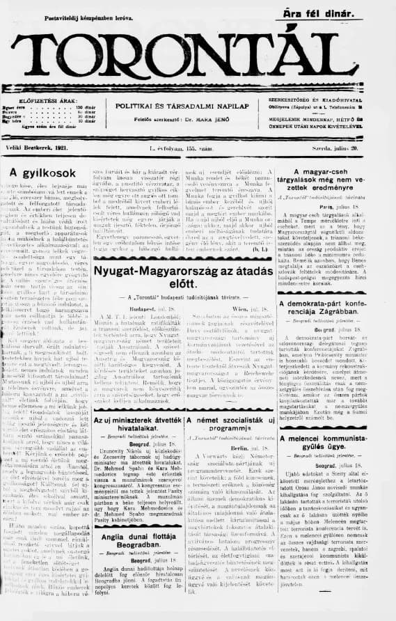 Torontál, 50. évf. 1921. július 20. 155. sz.