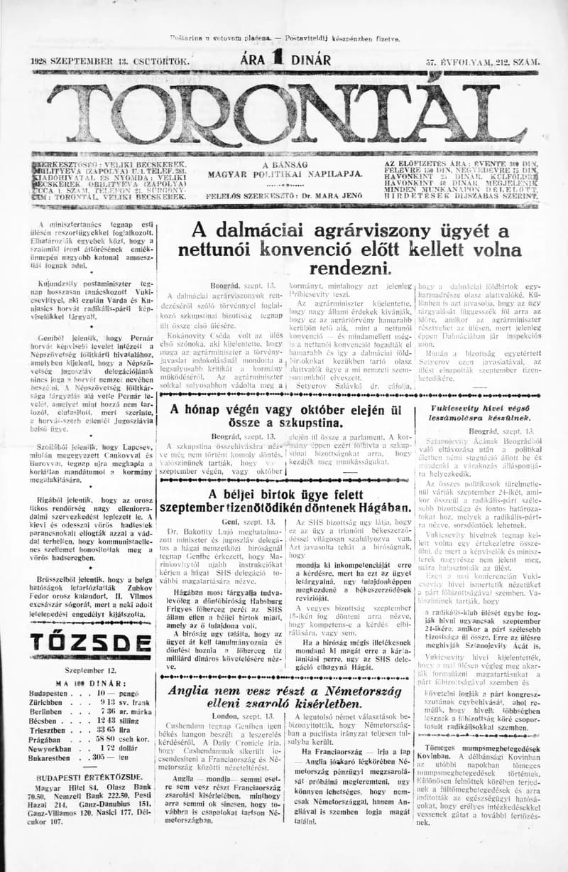 Torontál, 57. évf. 1928. szeptember 13. 212. sz.