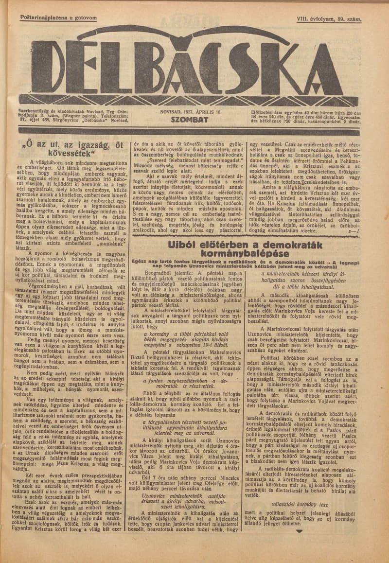 Délbácska, 8. évf. 1927. április 16. 89. sz.