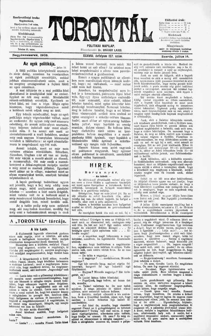 Torontál, 38. évf. 1909. július 14. 157. sz.